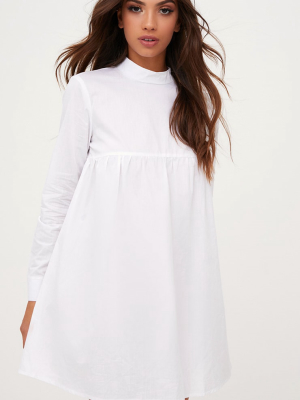 White Cotton Poplin High Neck Smock Dress