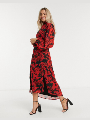 Hope & Ivy High-neck Belted Midaxi Dress With Open Back In Vibrant Poppy Print