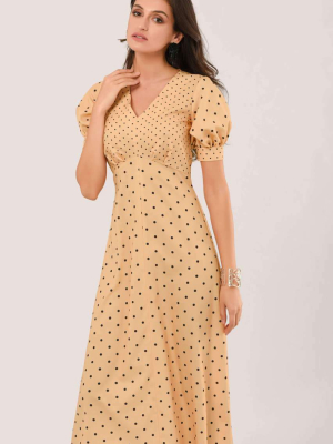 Apricot Polka Dot Puff Sleeve V-neck Midi Dress