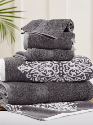 Modern Threads 6 Piece Reversible Yarn Dyed Jacquard Towel Set, Artesia Damask.