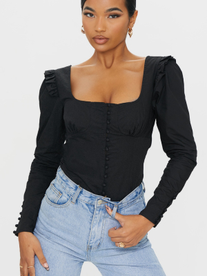 Black Woven Puff Sleeve Button Front Blouse