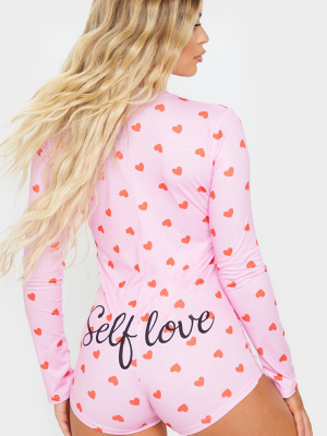 Pink Self Love Heart Printed Pj Romper