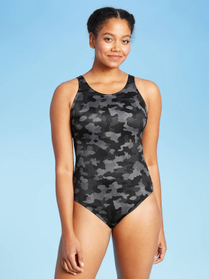 Women's Strappy Back One Piece Swimsuit - All In Motion™ Black Camo Print