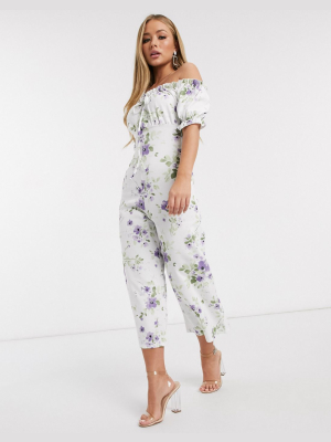 Missguided Bardot Jumpsuit In Floral Print