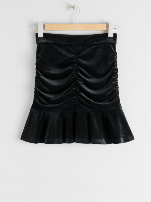 Gathered Velvet Ruffle Mini Skirt