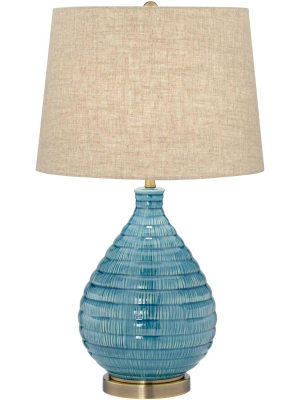 360 Lighting Mid Century Modern Table Lamp Textured Ceramic Sky Blue Glaze Linen Fabric Tapered Drum Shade For Living Room Bedroom