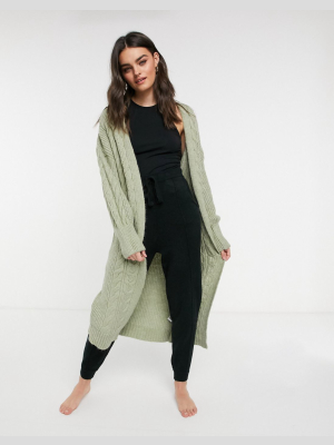 Asos Design Lounge Maxi Cable Knit Cardigan In Green