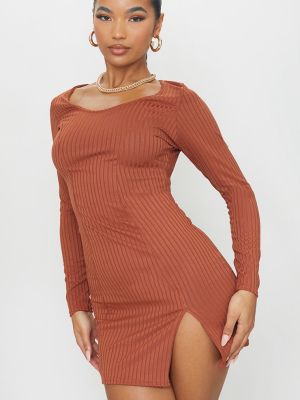 Rust Ribbed Long Sleeve Split Hem Bodycon Dress