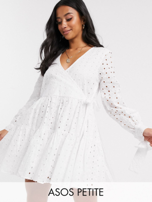 Asos Design Petite Broderie Wrap Trapeze Tiered Mini Dress In White