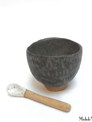 Ash Glaze Clay Salt Cellar With Spoon