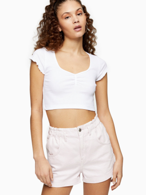 White Ribbed Ruched Crop Top