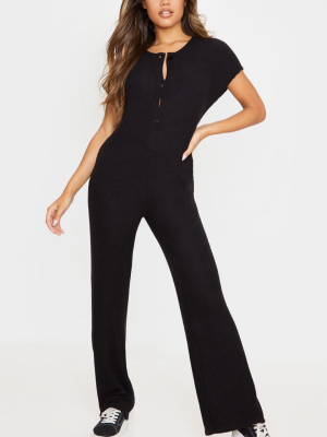 Black Brushed Rib Button Short Sleeve Jumpsuit