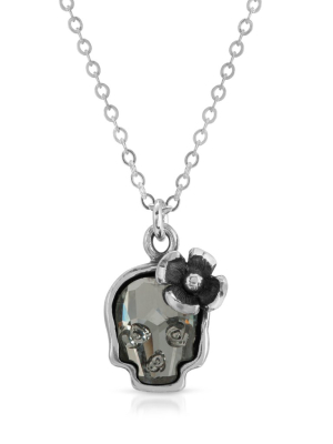 Clear Black Flower Skull Necklace