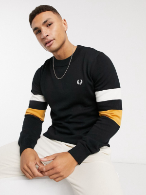 Fred Perry Striped Arm Detail Sweater In Black