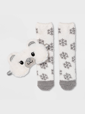 Women's Polar Bear Eyemask & Cozy Socks Set - Ivory 4-10