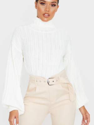 Ivory Balloon Sleeve Roll Neck Ribbed Sweater