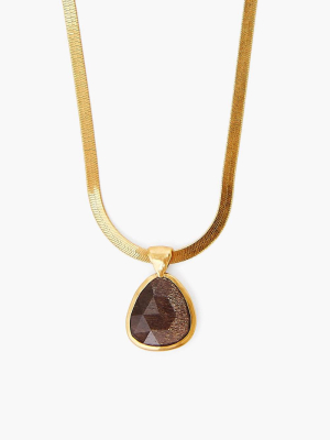 Black Sunstone Pendant On Gold Herringbone Chain Necklace