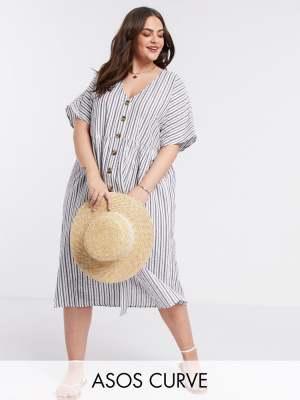 Asos Design Curve Button Through Smock Midi Dress In Stripe