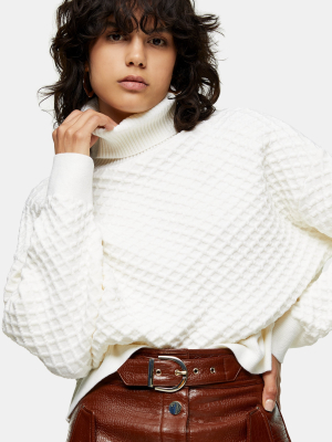 White Quilted Oversized Knitted Sweater