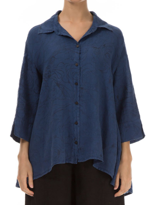 Loose Blue Roses Linen Shirt