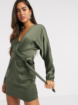 Asos Design Mini Dress With Batwing Sleeve And Wrap Waist In Khaki Satin