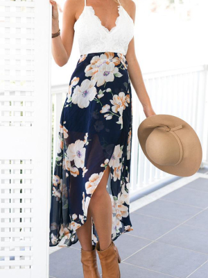 Dark Blue Floral Beach Dress