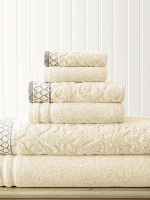 Modern Threads Damask Jacquard 6 Piece Towel Set With Embellished Border.