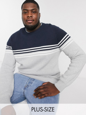 New Look Plus Milano Block Stripe Crew Neck Sweater In Navy