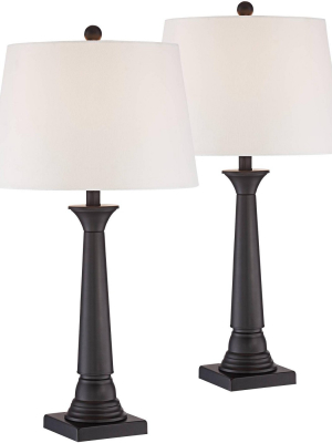 360 Lighting Modern Table Lamps Set Of 2 Deep Bronze Tapered Column Off White Drum Shade For Living Room Family Bedroom Bedside