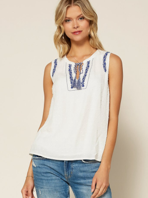 Embroidered Tassel Tie Top