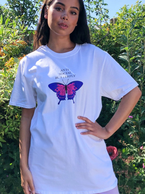 White Anti Social Butterfly Printed T Shirt