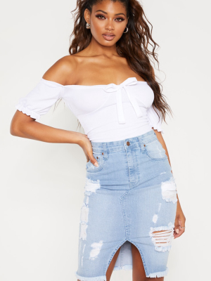 Tall Light Wash Midi Distressed Denim Skirt