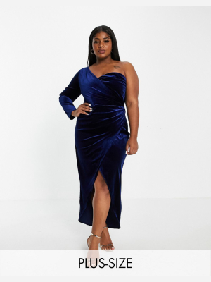 Jaded Rose Plus Exclusive Velvet One-shoulder Wrap Dress In Navy