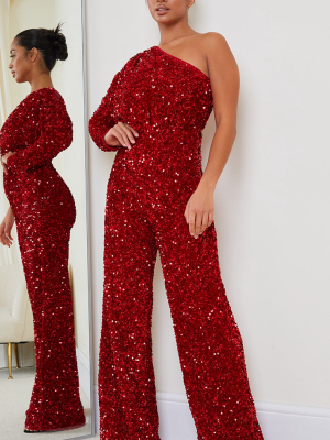 Petite Red Velvet Sequin One Shoulder Wide Leg...