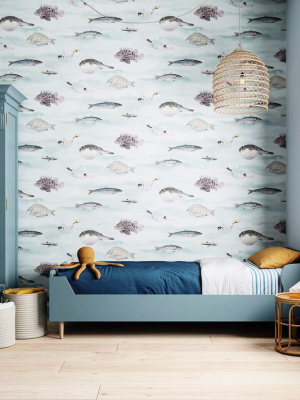 Classic Fish Wallpaper In Blue And Green By Sian Zeng