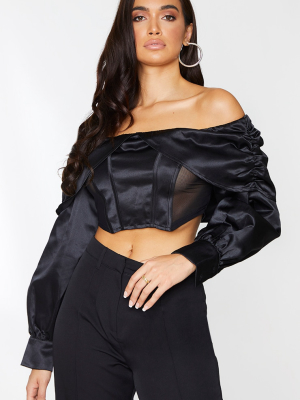 Black Satin Drape Detail Bardot Long Sleeve...