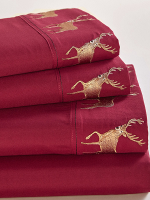 Lakeside Embroidered Deer Sheet Set For Bed – Cabin, Lodge, Christmas Bedding