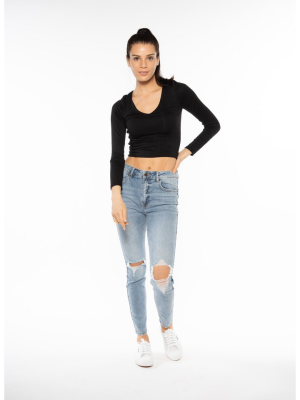 V-neck Long Sleeve Crop Top