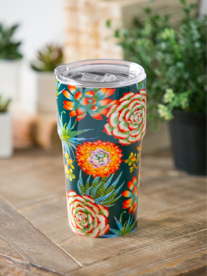 Cypress Home Double Wall Ceramic Companion Cup With Tritan Lid, 13 Oz, Succulent Toss