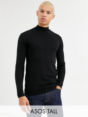 Asos Design Tall Cotton Turtleneck In Black