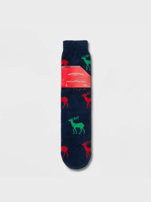 Men's Holiday Reindeer Cozy Crew Socks With Gift Card Holder - Wondershop™ Navy 7-12