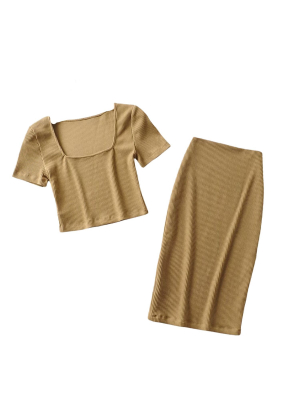 'jasmine' Ribbed Square Neck Cropped Top & Skirt Set (4 Colors)