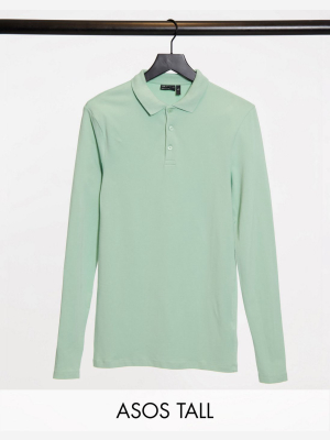 Asos Design Tall Organic Muscle Fit Long Sleeve Polo In Green