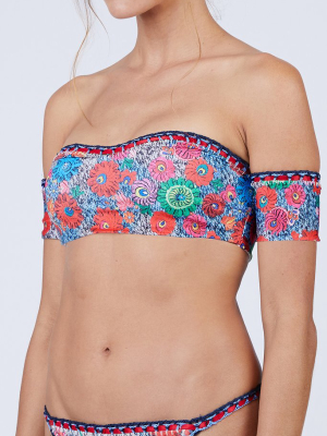 Fiamma Crochet Off Shoulder Bandeau Bikini Top - Blue & Red Floral Print