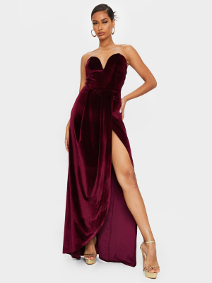 Burgundy Velvet Draped Wrap Detail Bandeau Maxi...