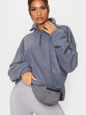 Charcoal Grey Fleece Zip Front Oversized Sweater