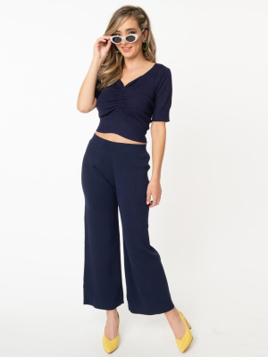 Retro Style Navy Blue Rib Knit Wide Leg Pants