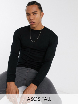 Asos Design Tall Knitted Muscle Fit Sweater In Black