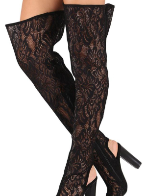 Spotlight44s Black Lace Cut Out Thigh High Boot