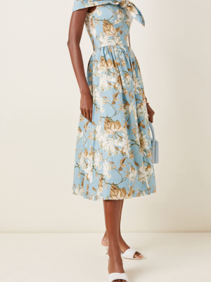 Bow-accented Floral-print Stretch-cotton Dress